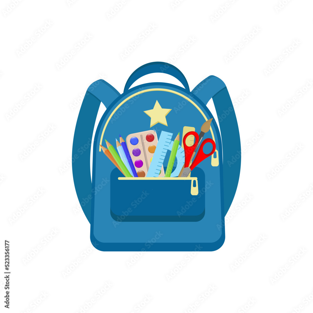 Colored school backpack. Education, schoolbag luggage, rucksack. Kids school bag backpack with education equipment