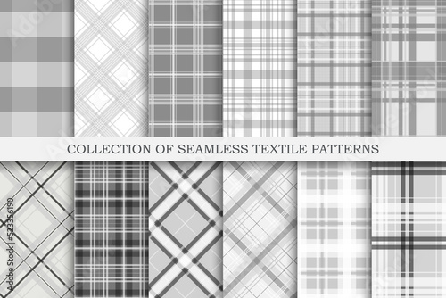 Collection of white and gray seamless textile patterns - geometric striped design. Vector repeatable monochrome cloth backgrounds