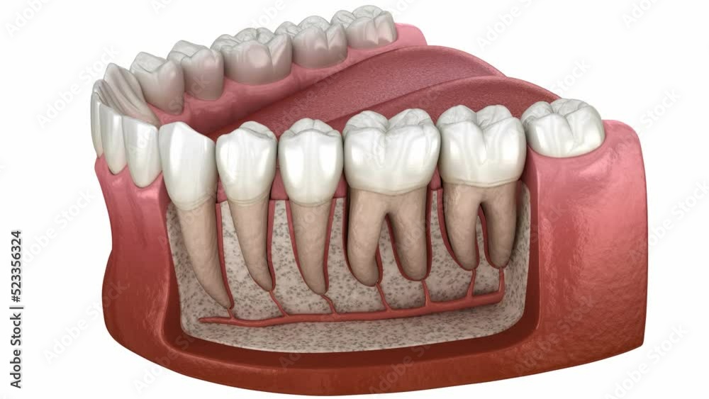 Dental Root anatomy of mandibular human gum and teeth, x-ray view ...