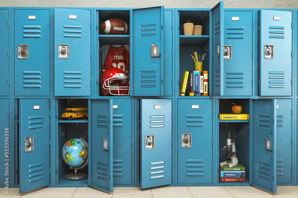School lockers with items, equipments and accessoires for education ...