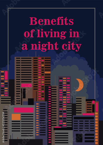 A universal poster with a city landscape in the style of the Flate. A poster with an illustration of skyscrapers for design and printing. Vector graphics.