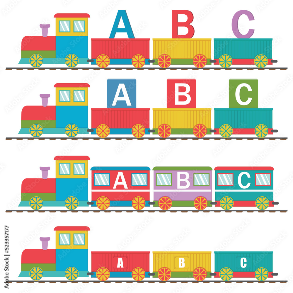 Wooden train with cars and letters ABC, back to school, color vector illustration in flat style