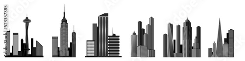A set of icons of buildings and skyscrapers. Empire State Building, Space Needle, Pyramid Transamerica Building