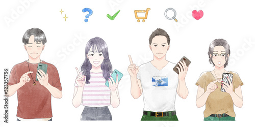 Illustration of a group of men and women operating smartphones, watercolor touch.