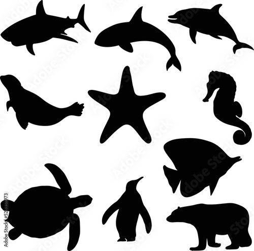 set of silhouette cartoon isolated ocean animals. Whale, dolphin, shark, fish star.