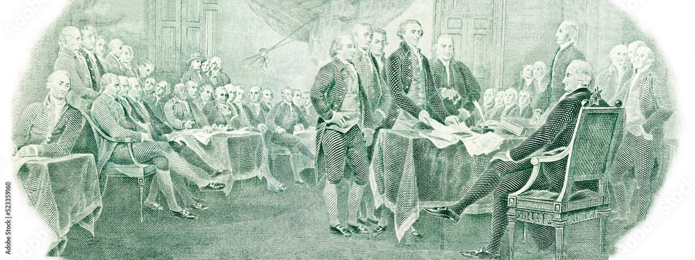Declaration of independence from the U.S. two dollars bill. View from above. Copy space. Part of US money for financial, economic and business news.