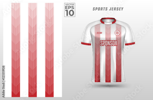 White Red t-shirt sport design template with abstract line pattern for soccer jersey. Sport uniform in front view. Tshirt mock up for sport club. Vector Illustration