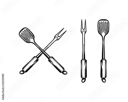 BBQ Tools Hand-Drawn Set Vector. Crossed barbecue fork with spatula. Symbol Template Logo. Vector illustration flat design. Isolated on white background