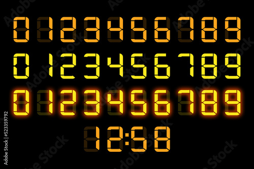 Counter, clock, calculator mockup. Electronic numbers. Digital Watch. Electronic dial. Digital alarm clock. Electronic font. LED clock. LED display.