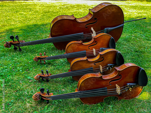 String quartet in the park on a sunny day. Cello, viola and two violins resting on their sides photo