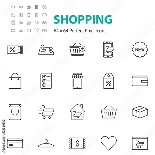 set of shopping line icons, online store, market, buy