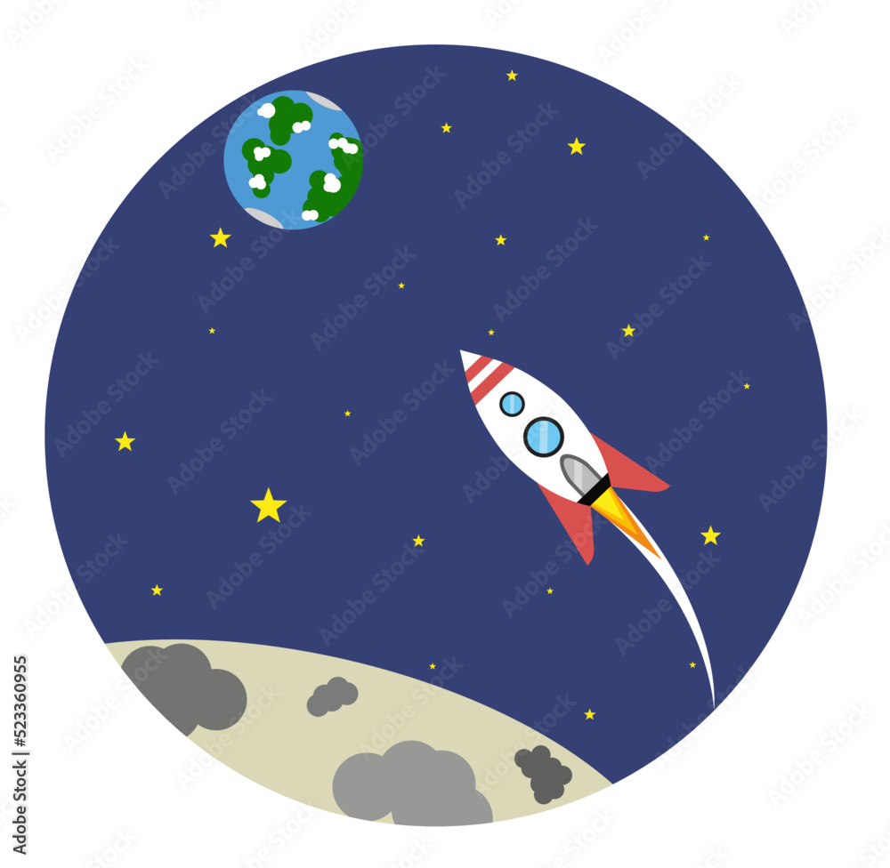 Naklejka premium Vector image of fly of rocket starship to the Earth from the Moon