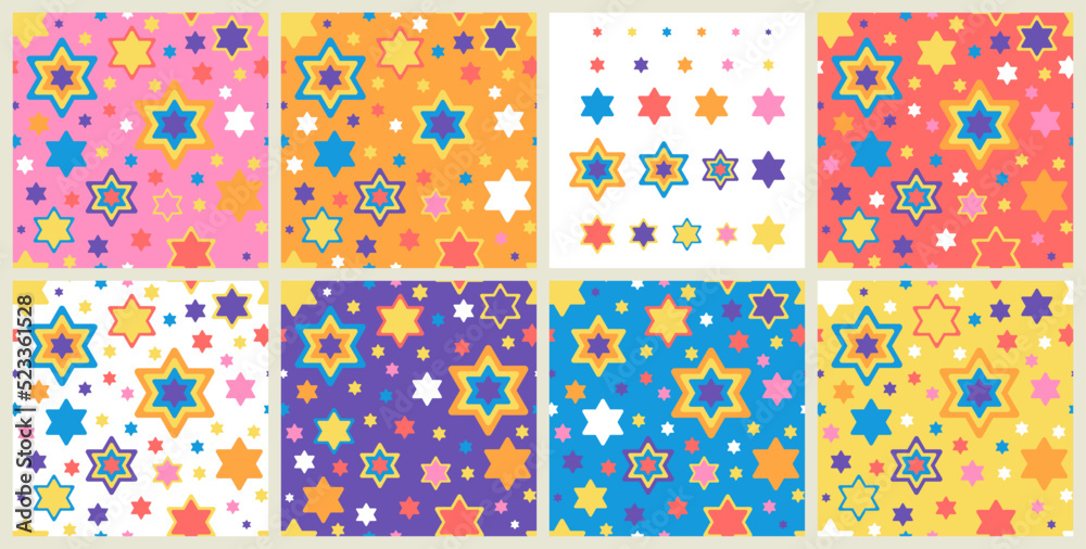 Set of 7 seamless patterns with star of David and 1 set of stars elements in bright colours Vector illustration for Hanukkah hokiday, wrapping paper, textile, fabric and packaging decoration