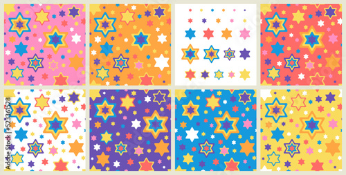 Set of 7 seamless patterns with star of David and 1 set of stars elements in bright colours Vector illustration for Hanukkah hokiday, wrapping paper, textile, fabric and packaging decoration