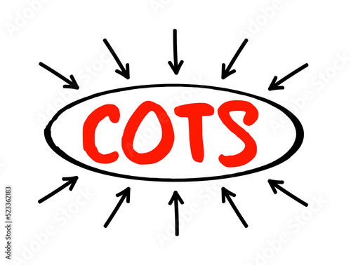 COTS - Commercial Off-the-Shelf acronym text with arrows, business concept background