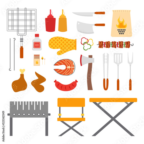 set of tools and food for grill