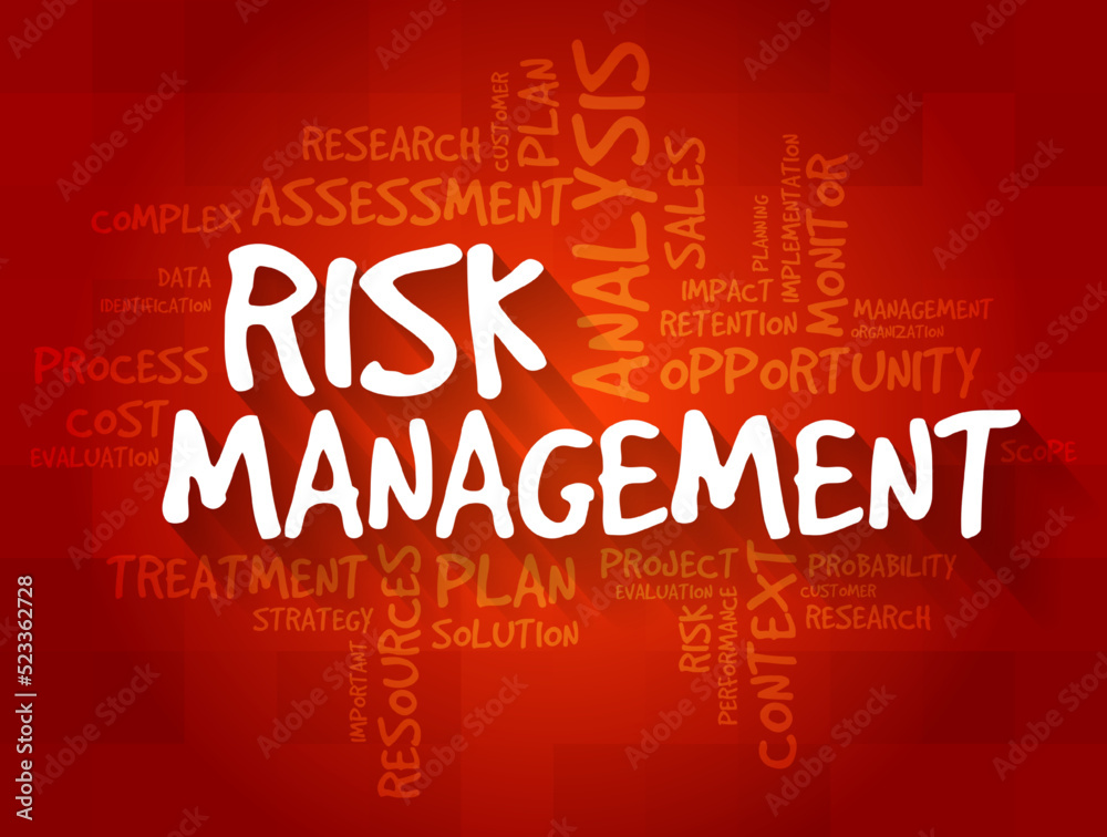Risk Management - process of identifying, assessing and controlling threats to an organization's capital and earnings, word cloud concept background