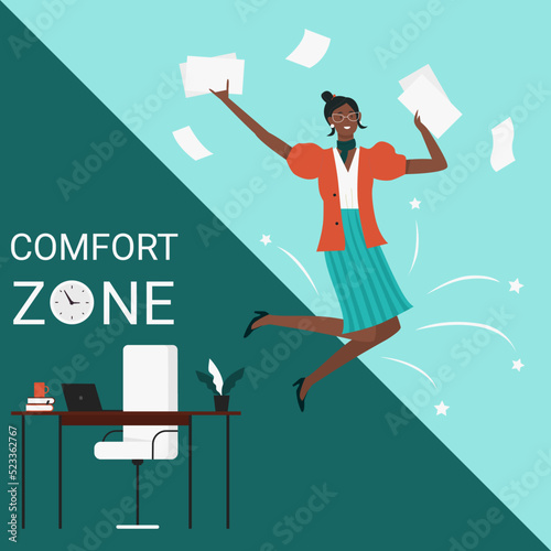 Businesswoman leaving comfort zone for career development. Cartoon happy free woman jumping outside from safety of office to change future flat vector illustration. Freedom, work ambition concept