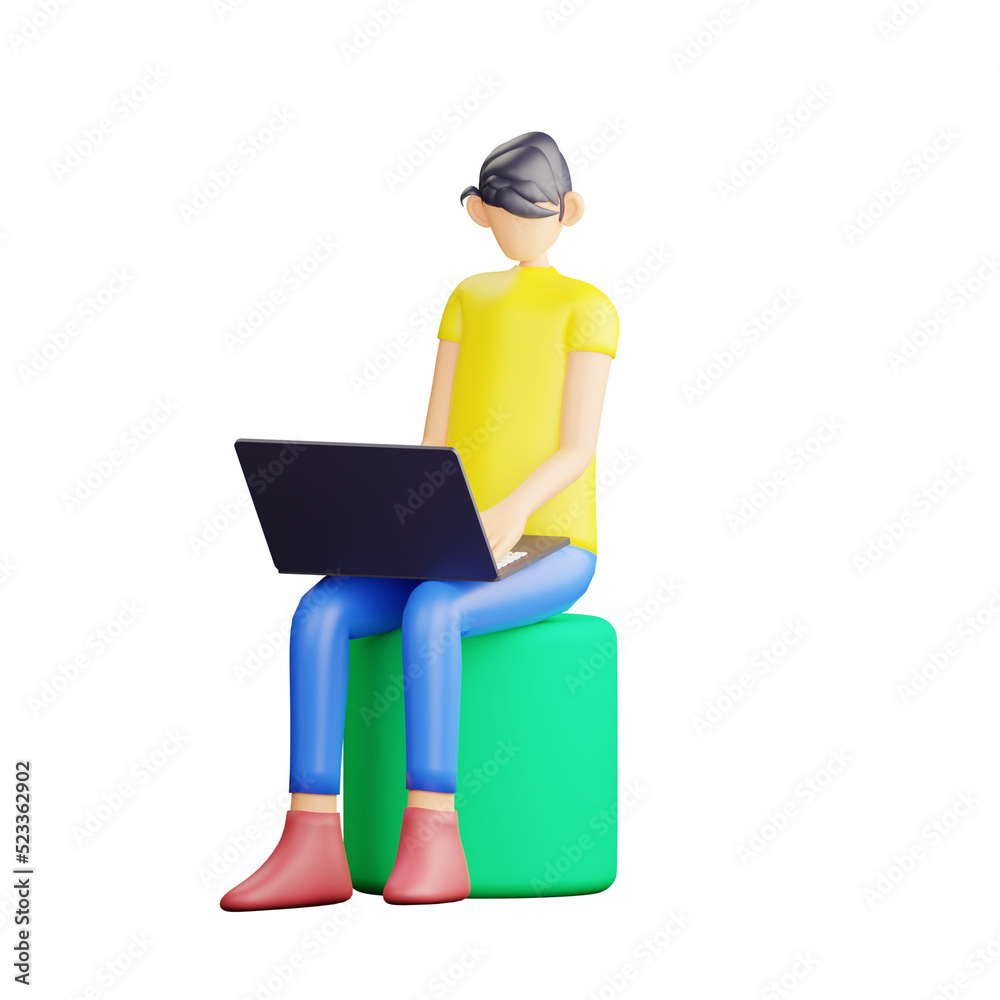 3d young man character sitting using a laptop
