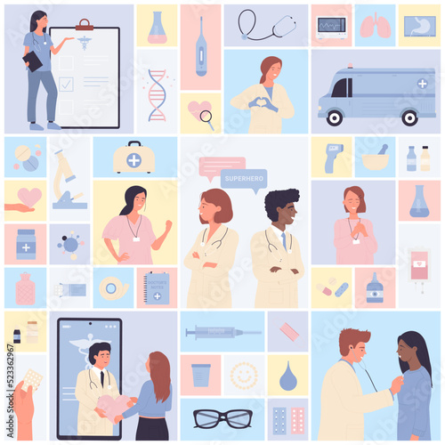 Doctor characters and medical diagnostic equipment set vector illustration. Cartoon nurse and patient, ambulance car, science microscope, stethoscope and thermometer in geometric collage background