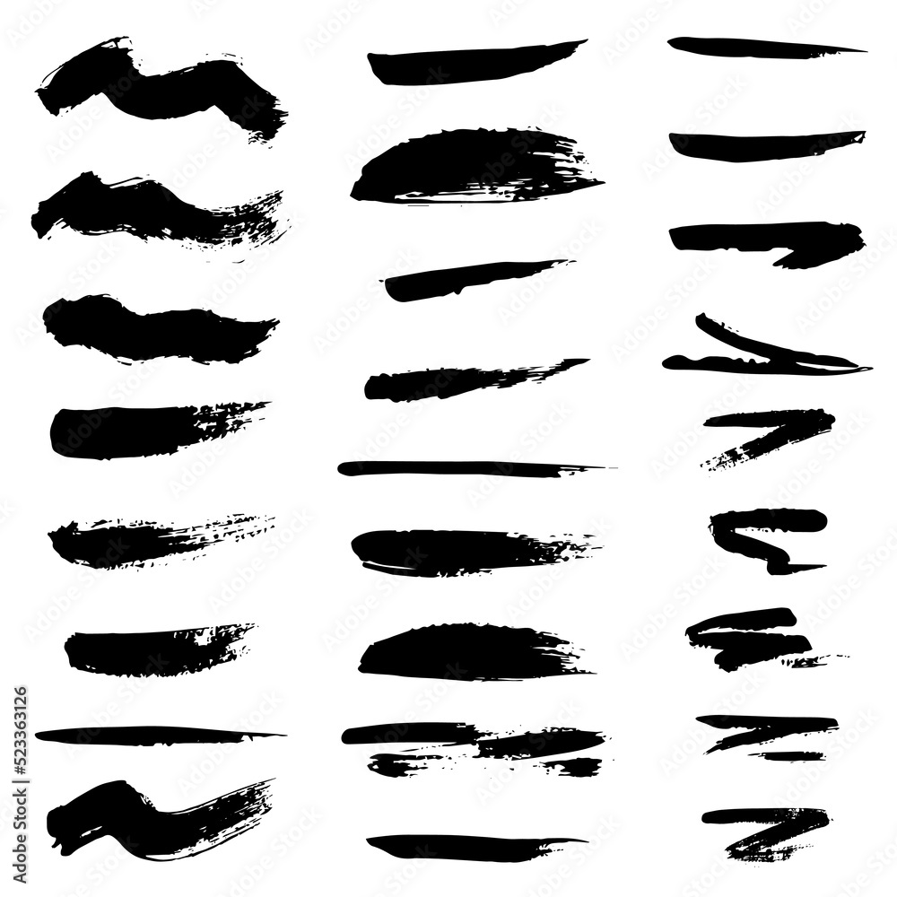Collection of black paint, ink brush strokes, brushes, lines, grungy. Dirty artistic design elements, boxes, frames, vector illustration isolated on white background.