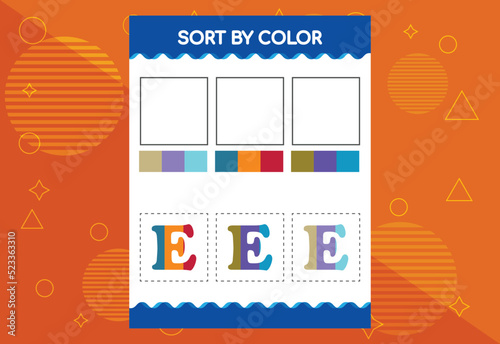 Alphabet E sorts by color for kids. Good for school and kindergarten projects