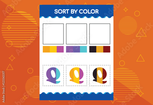 Alphabet Q sorts by color for kids. Good for school and kindergarten projects