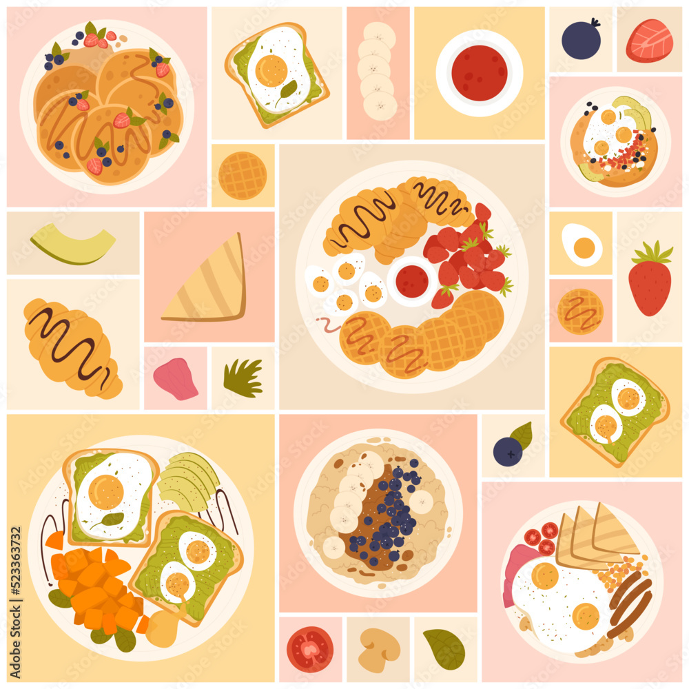 Breakfast set, healthy morning food menu of restaurant or cafe, top view vector illustration. Cartoon eggs, sausage and bread on plate, porridge and sandwich, croissant in geometric collage background