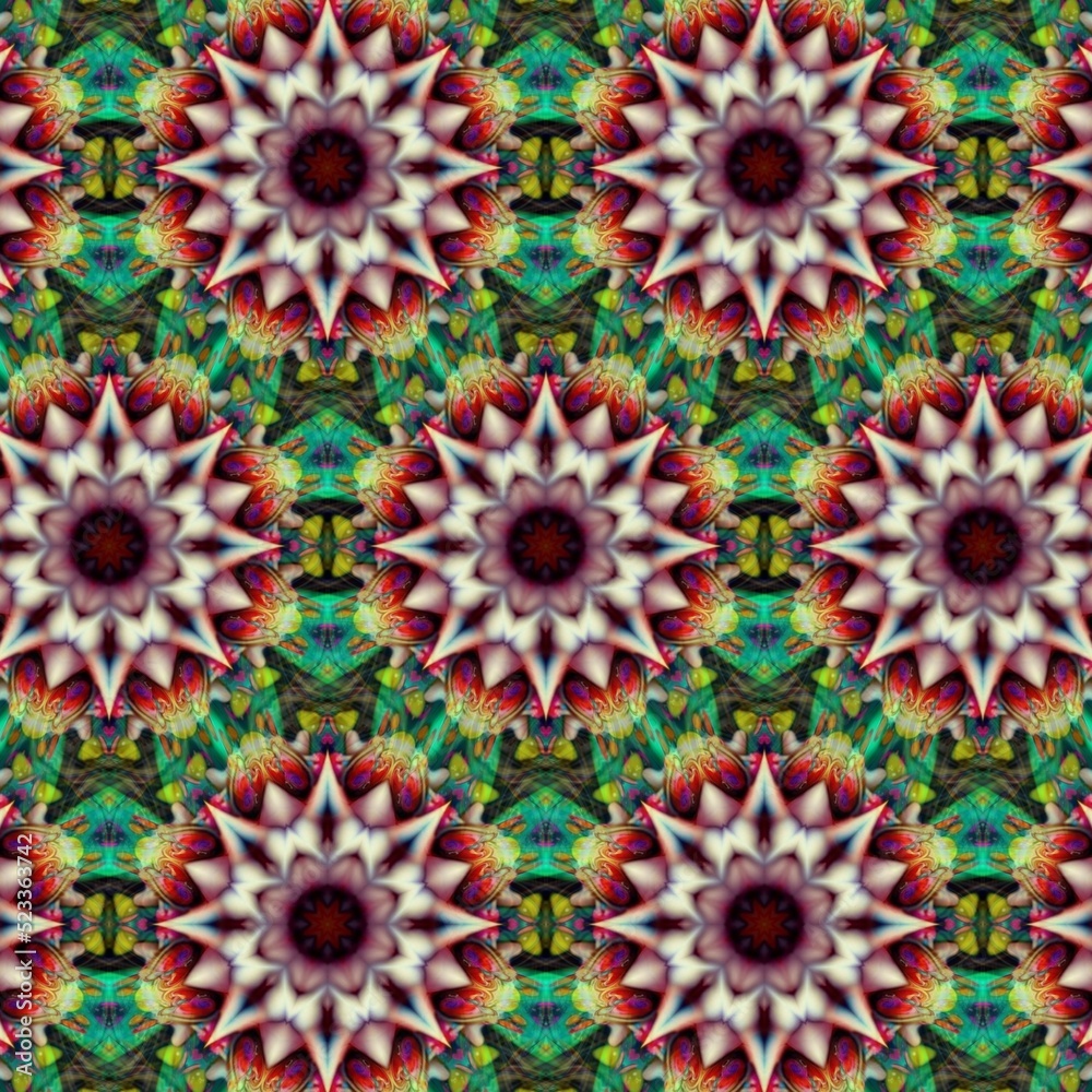 The beauty of the abstract texture of the unique and vintage art of flowers
 blooms under the name Green gladiolus. Colorful kaleidoscope concept and seamless pattern. Good to use for decoration