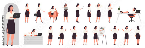Billede på lærred Busy businesswoman character in office work set vector illustration