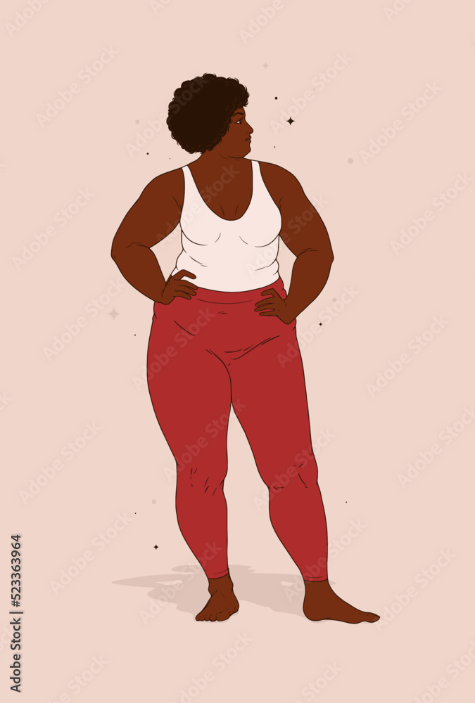 Fototapeta premium Plus size African American woman wearing yoga sport wear. Vector illustration of body positive vibes, fun, positive energy, lifestyle and fashion. Body positive concept. Attractive overweight model. 