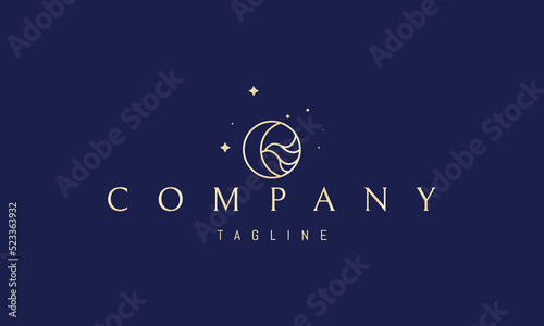 Vector golden logo on which an abstract image of the moon in a circle with waves.