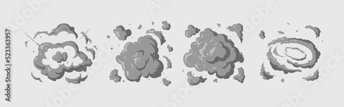 Vector smoke set explosion effects template. Cartoon steam clouds, mist, puff, fog, watery vapor, or dust explosion 2D VFX illustration. Clip art element for game, print, advertising and web design.