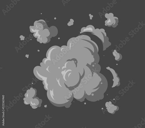 Vector smoke set explosion effects template. Cartoon steam clouds, mist, puff, fog, watery vapor, or dust explosion 2D VFX illustration. Clip art element for game, print, advertising and web design.