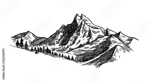 Mountain with pine trees and landscape black on white background. Hand drawn rocky peaks in sketch style. 
