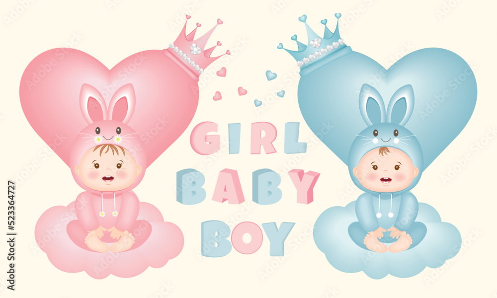 Obraz premium Baby shower, kids, boy, girl, newborn party, vector illustration for postcards, covers, posters, invitations