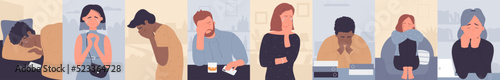 Sad depressed people set vector illustration. Cartoon lonely man and woman suffering from grief, loneliness and pain, boy and girl teen crying background. Stress, anguish, mental problem concept
