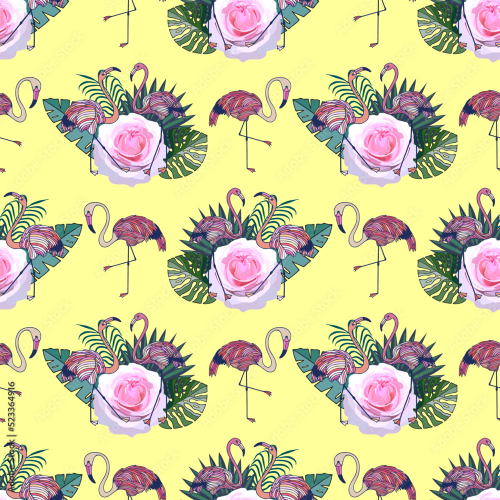 Fototapeta premium Seamless pattern of tropical leaves, roses and pink flamingos. Stock vector illustration eps10.
