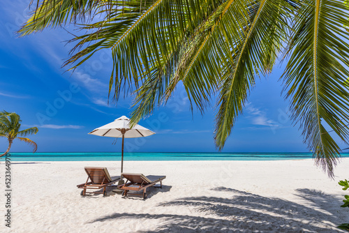 Beautiful tropical landscape, couple chairs sun beds umbrella under palm leaves. Summer background, exotic travel beach, sunny day paradise coast. Amazing landscape, sea sand sky relax resort vacation