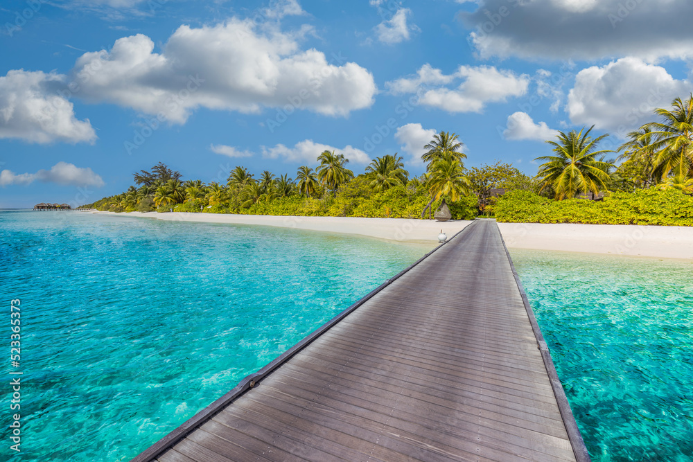 Maldives paradise island. Tropical aerial landscape, seascape with wooden pier pathway, amazing sea sand sky and lagoon beach shore, tropical nature. Exotic tourism destination banner, summer vacation