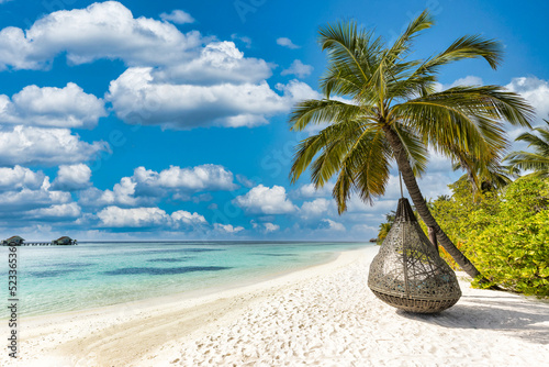 Tropical beach background, summer island landscape. Swing on palm tree hanging, sand romantic sea shore. Beautiful couples scene vacation or honeymoon, romance resort. Paradise nature, sunny beach