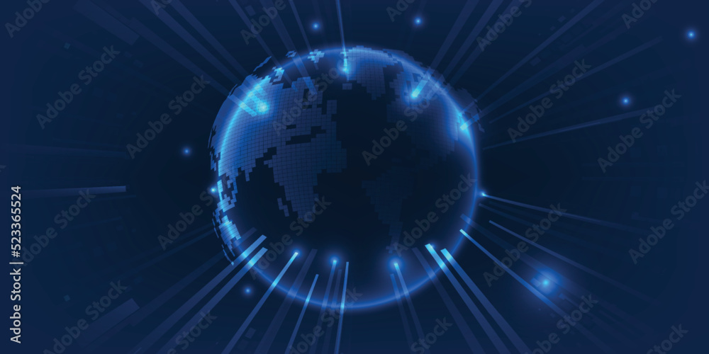 Fototapeta premium Vector illustrations of Futuristic neon blue globe with ray or beam.Digital marketing and strategy concepts.