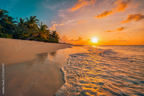 Beautiful panoramic sunset tropical paradise beach. Tranquil summer vacation or holiday landscape. Tropical sunset beach seaside palm calm sea panorama exotic nature view inspirational seascape scenic © icemanphotos