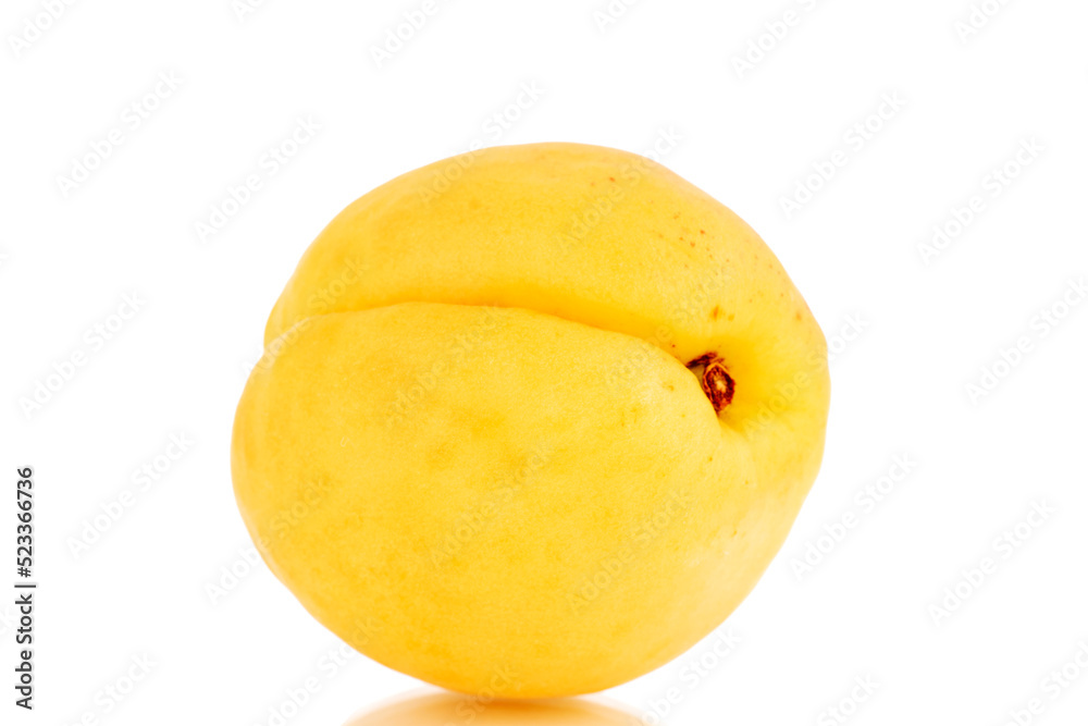 One bright yellow juicy pineapple apricot, macro, isolated on a white background.