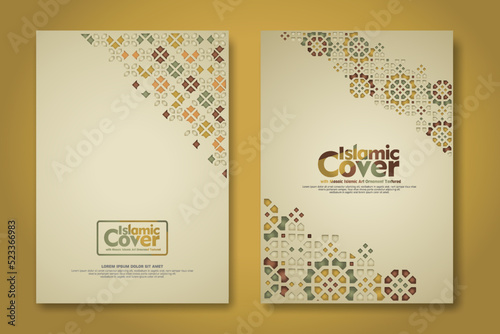 Islamic cover background template with ornamental colorful detail of floral mosaic islamic art ornament