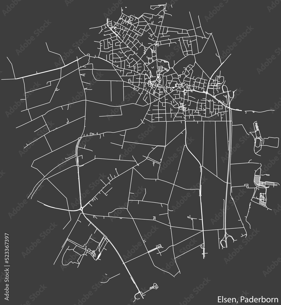 Detailed negative navigation white lines urban street roads map of the ELSEN DISTRICT of the German regional capital city of Paderborn, Germany on dark gray background