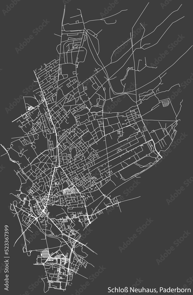 Detailed negative navigation white lines urban street roads map of the SCHLOSS NEUHAUS DISTRICT of the German regional capital city of Paderborn, Germany on dark gray background