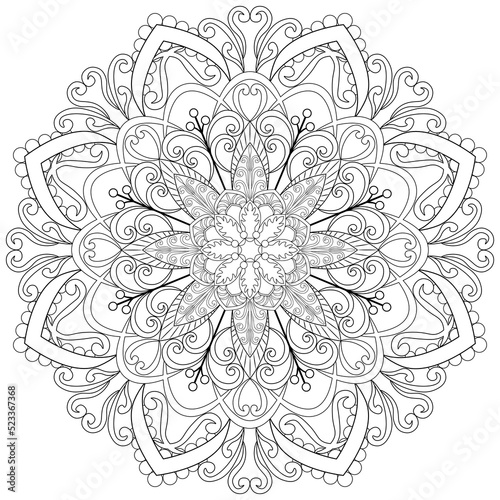 Colouring page, hand drawn, vector. Mandala 69, ethnic, swirl pattern, object isolated on white background.