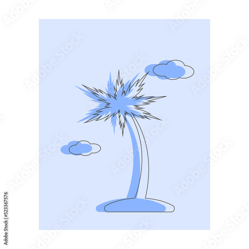Simple silhouette shadow palm tree icon with lines isolated with clouds on blue background. Flat vector illustration