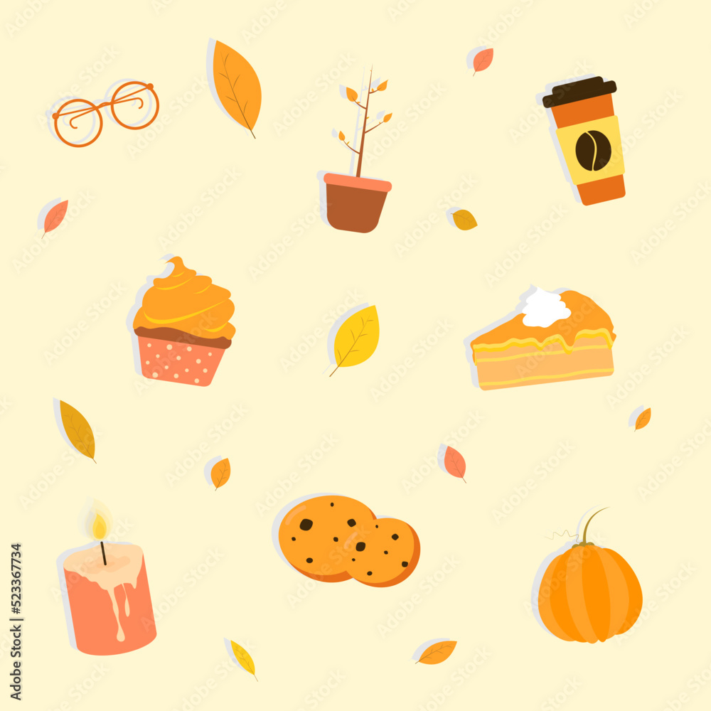 Vector repeated autumn pattern with autumn elements: foliage, pimpkin cupcake glasses coffee candle plant cookies on light background. Holidays thanksgiving halloween Flat design Vector repeated autumn pattern with autumn elements: foliage, pimpkin cupcake glasses coffee candle plant cookies on light background. Holidays thanksgiving halloween Flat design